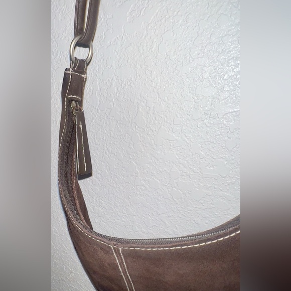 Chocolate Suede Handbag with Brown Faux Leather Handle Strap Purse Old Navy - Picture 4 of 10